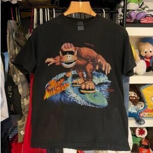 Gildan Reprinted Shirt  Retro Surfing Ape Cartoon Graphic Black Unisex T-Shirt.